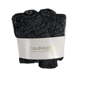 Calvin Klein Women's Black Gray‎ Knit Scarf Hat Gloves Mittens New 3 Piece Set